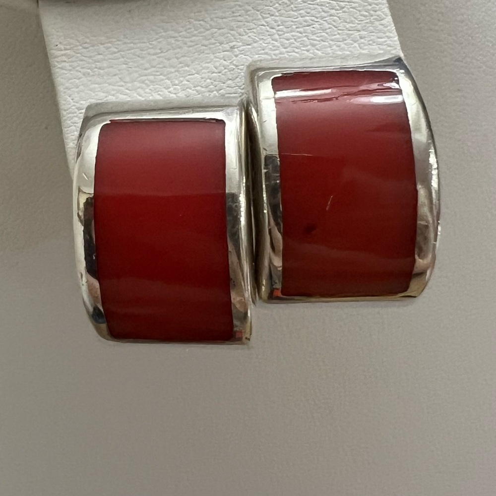 Vintage Sterling Silver Red Enamel Modernist Earrings